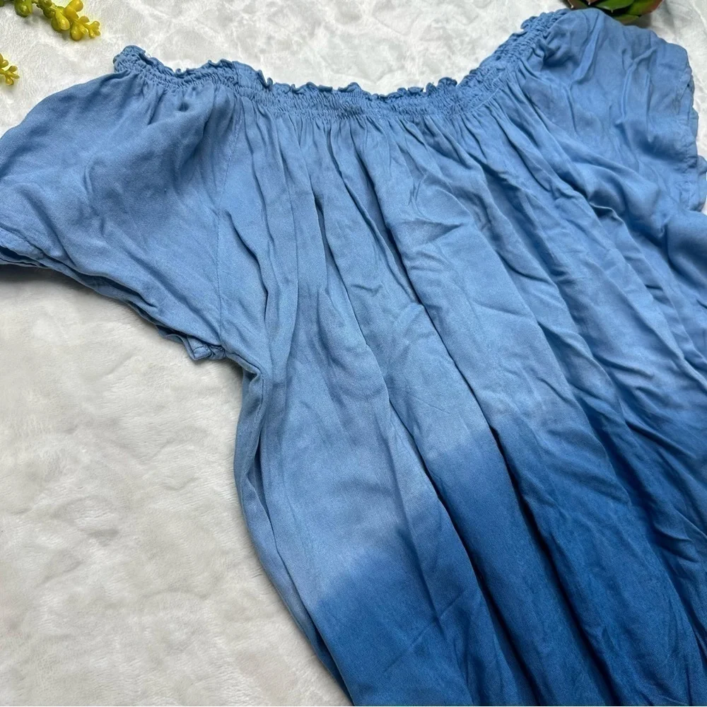 Skemo Bahama Gypsy Shirred Waist Dip Dyed Blue Mini Dress Cover-Up Womens Large